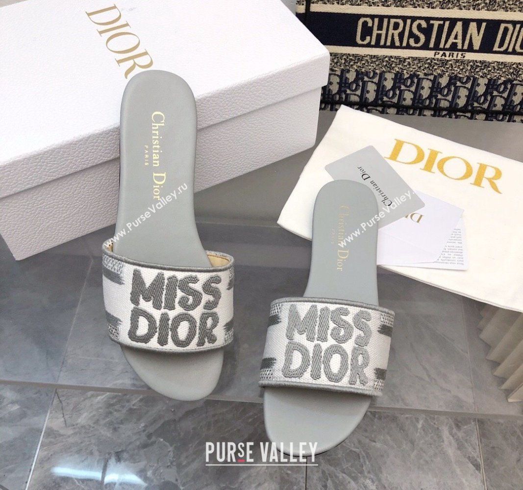 Dior Dway Flat Slides Sandal in Embroidered Cotton and Miss Dior Motif Grey 2024 No.194 (MD-240814015)