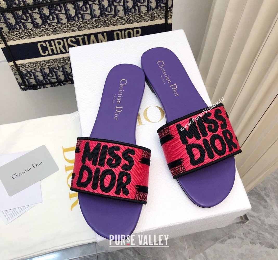 Dior Dway Flat Slides Sandal in Embroidered Cotton and Miss Dior Motif Pink/Purple 2024 No.193 (MD-240814016)