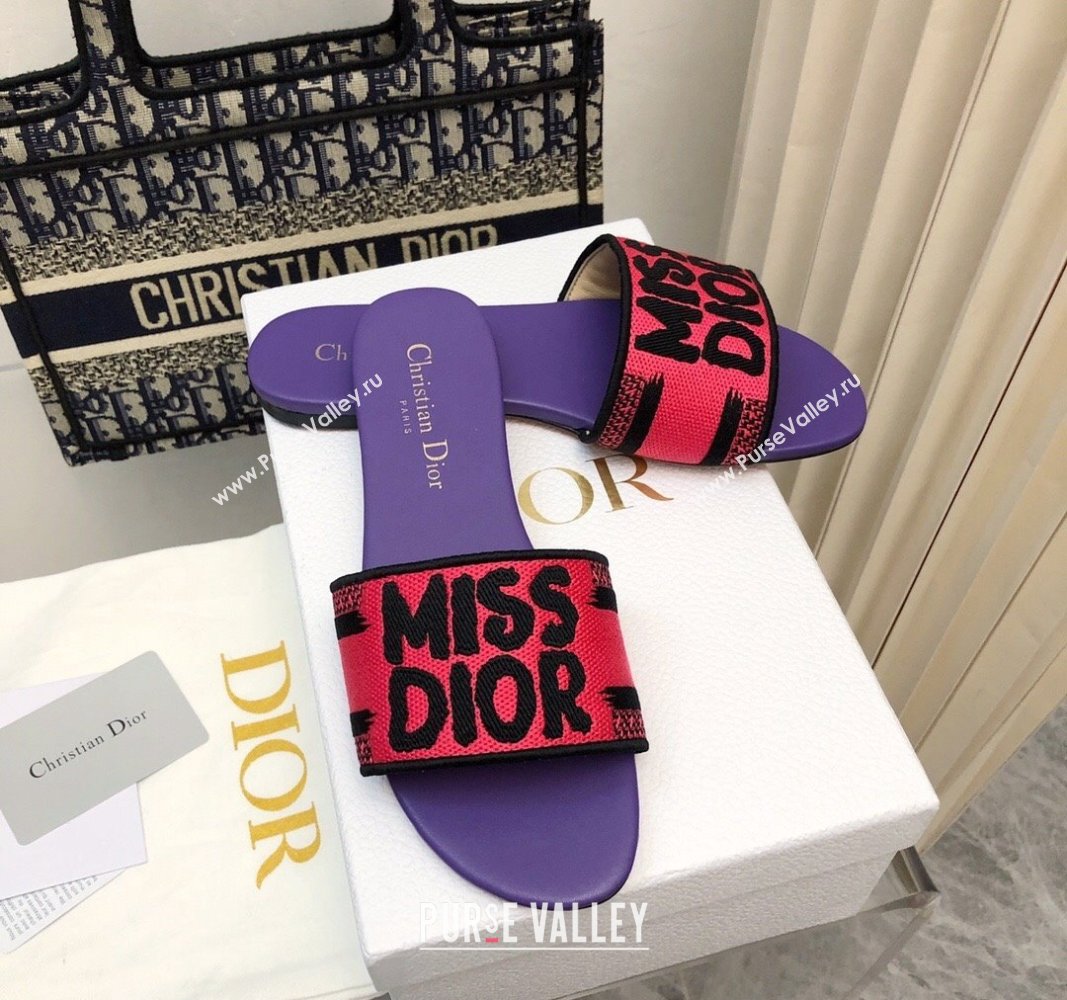 Dior Dway Flat Slides Sandal in Embroidered Cotton and Miss Dior Motif Pink/Purple 2024 No.193 (MD-240814016)