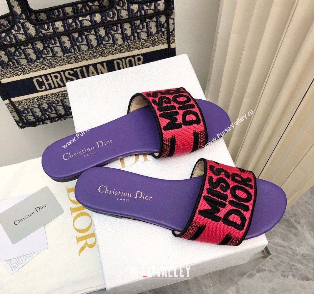 Dior Dway Flat Slides Sandal in Embroidered Cotton and Miss Dior Motif Pink/Purple 2024 No.193 (MD-240814016)