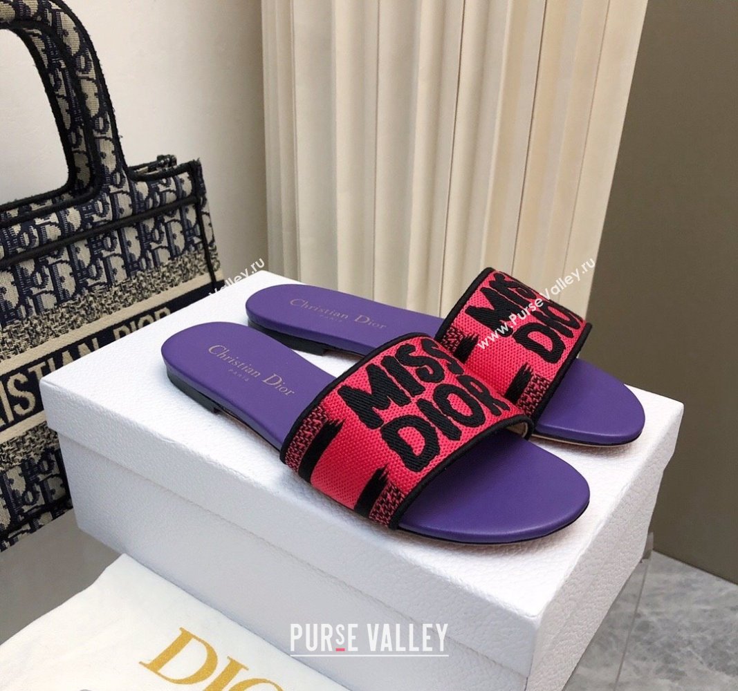 Dior Dway Flat Slides Sandal in Embroidered Cotton and Miss Dior Motif Pink/Purple 2024 No.193 (MD-240814016)