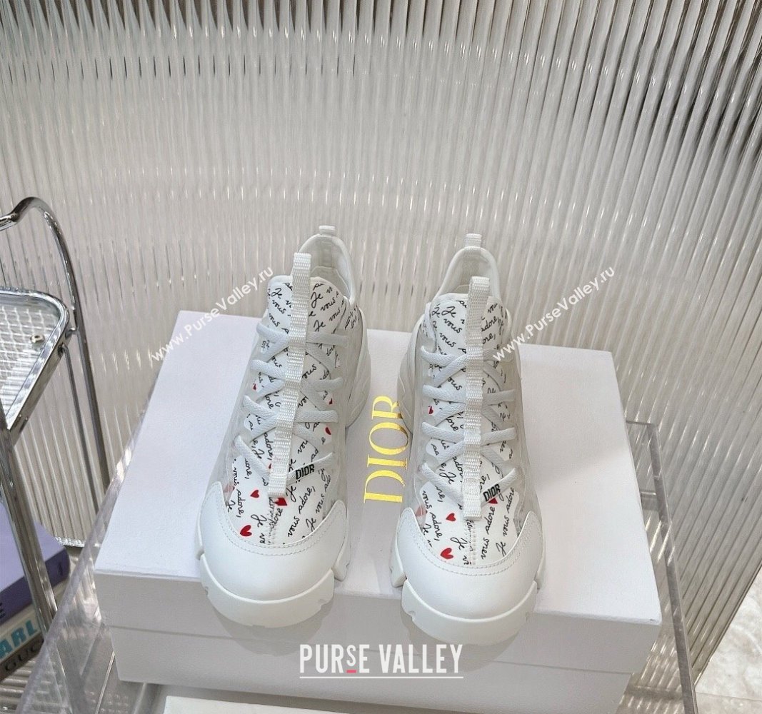 Dior D-Connect Dioramour Sneaker in White Technical Fabric Printed with Black and Red Je Vous Adore Motif 2024 (MD-240905042)