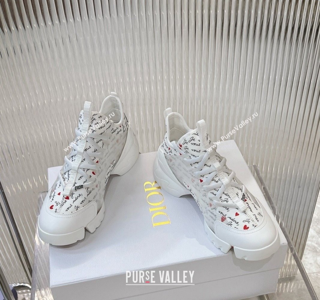 Dior D-Connect Dioramour Sneaker in White Technical Fabric Printed with Black and Red Je Vous Adore Motif 2024 (MD-240905042)