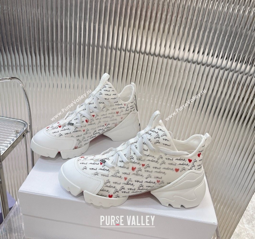 Dior D-Connect Dioramour Sneaker in White Technical Fabric Printed with Black and Red Je Vous Adore Motif 2024 (MD-240905042)