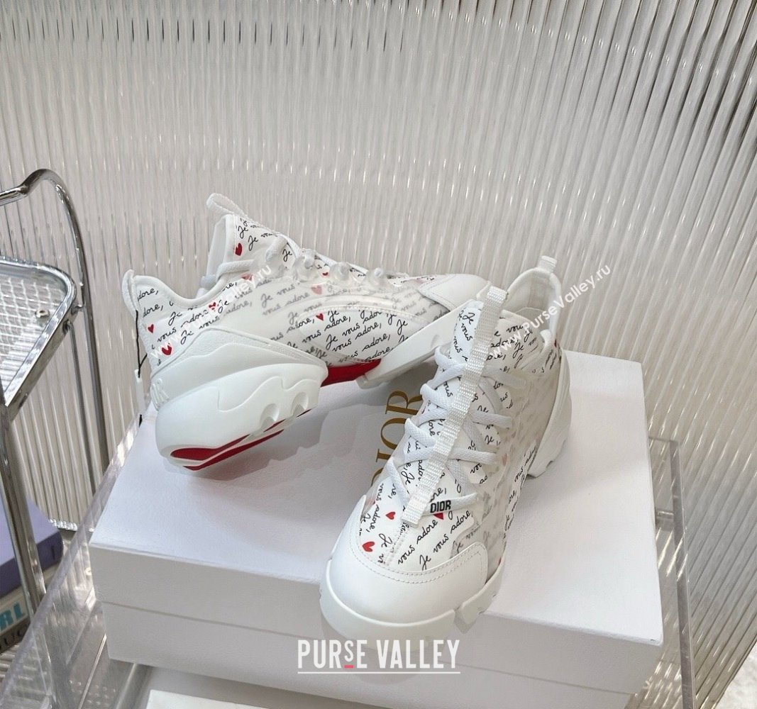 Dior D-Connect Dioramour Sneaker in White Technical Fabric Printed with Black and Red Je Vous Adore Motif 2024 (MD-240905042)