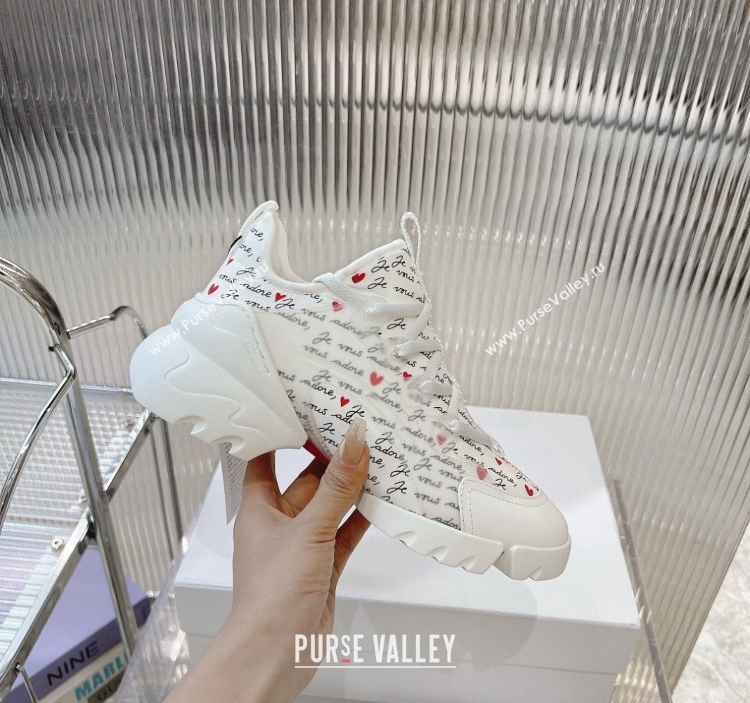 Dior D-Connect Dioramour Sneaker in White Technical Fabric Printed with Black and Red Je Vous Adore Motif 2024 (MD-240905042)