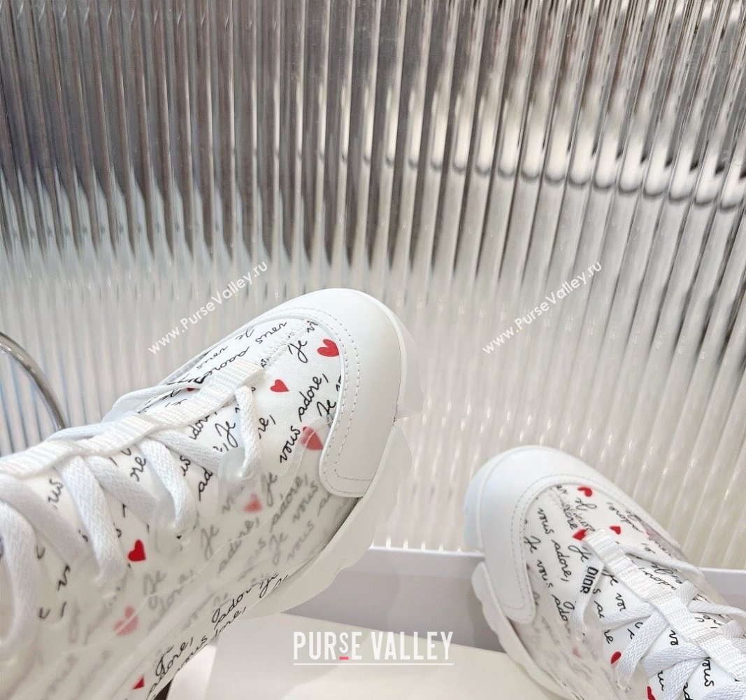 Dior D-Connect Dioramour Sneaker in White Technical Fabric Printed with Black and Red Je Vous Adore Motif 2024 (MD-240905042)