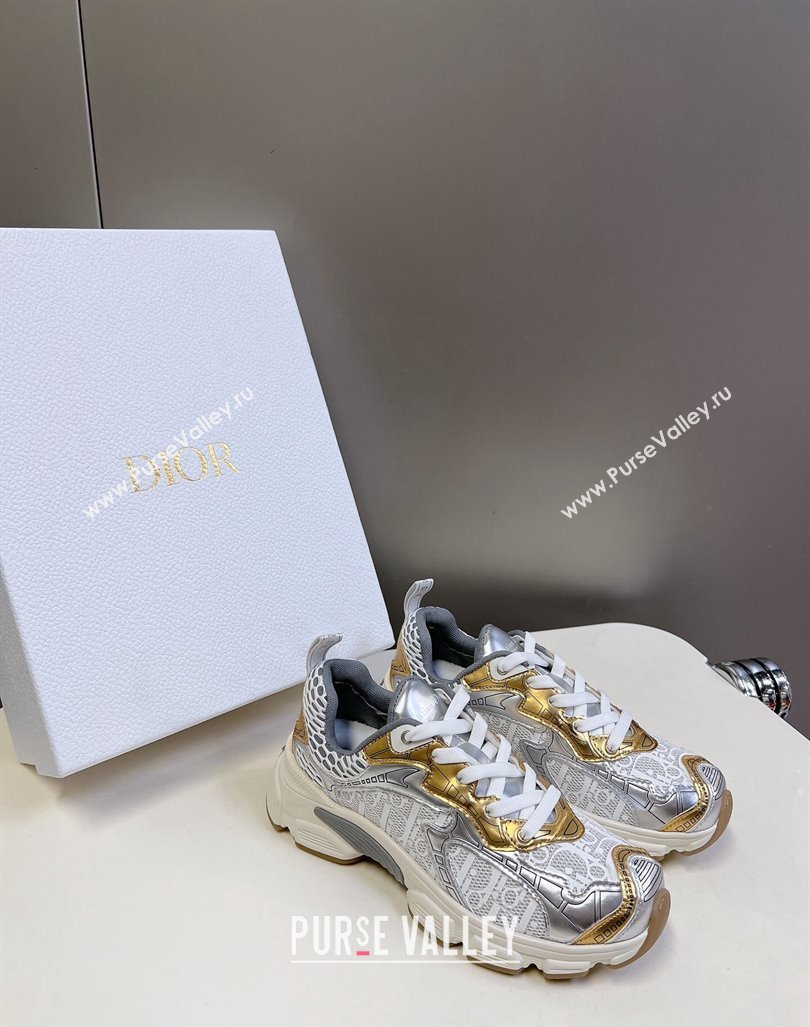 Dior Vibe Sneakers in Mesh Printed with Oblique Motif and Leather-Effect Panels Silver/Gold 2024 (MD-240905049)