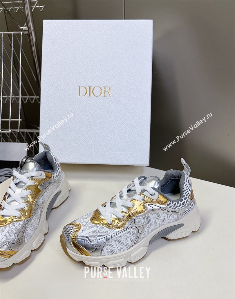 Dior Vibe Sneakers in Mesh Printed with Oblique Motif and Leather-Effect Panels Silver/Gold 2024 (MD-240905049)