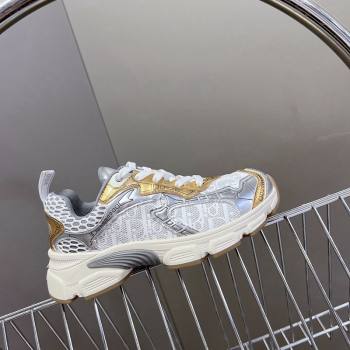 Dior Vibe Sneakers in Mesh Printed with Oblique Motif and Leather-Effect Panels Silver/Gold 2024 (MD-240905049)