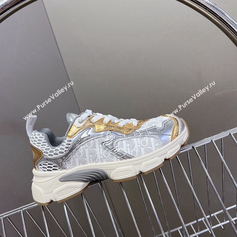 Dior Vibe Sneakers in Mesh Printed with Oblique Motif and Leather-Effect Panels Silver/Gold 2024 (MD-240905049)