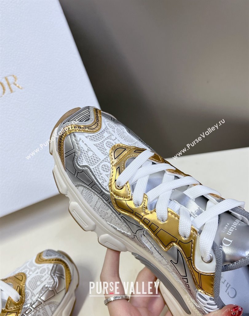 Dior Vibe Sneakers in Mesh Printed with Oblique Motif and Leather-Effect Panels Silver/Gold 2024 (MD-240905049)