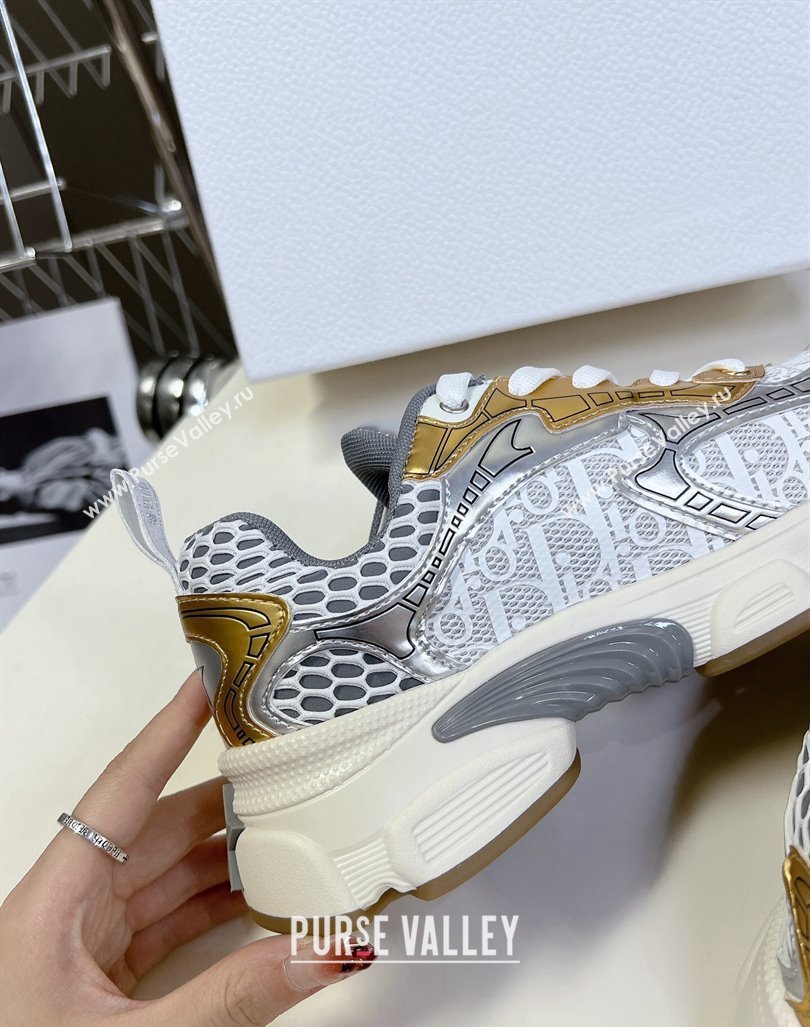 Dior Vibe Sneakers in Mesh Printed with Oblique Motif and Leather-Effect Panels Silver/Gold 2024 (MD-240905049)