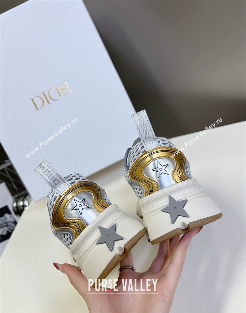 Dior Vibe Sneakers in Mesh Printed with Oblique Motif and Leather-Effect Panels Silver/Gold 2024 (MD-240905049)