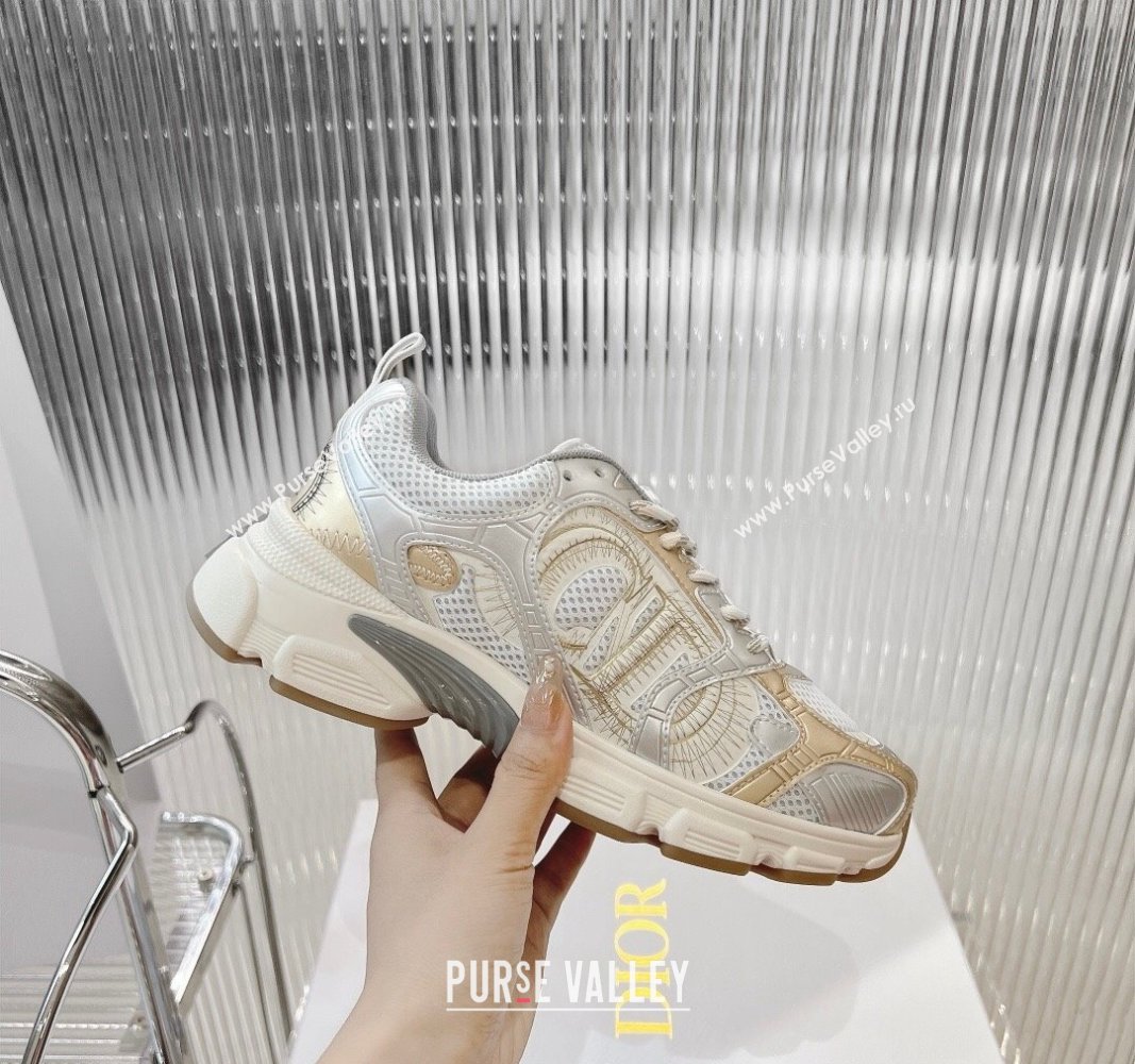 Dior Chrono Sneakers 4cm in Mesh with Laminated Leather-Effect Panels Rose Gold/Silver 2024 (MD-240905052)