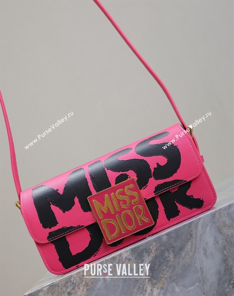 Dior Miss Dior Flap Bag in Miss Dior Graffiti Printed Calfskin Fuchsia Pink/Black 2024 DR2610 (XXG-240923090)