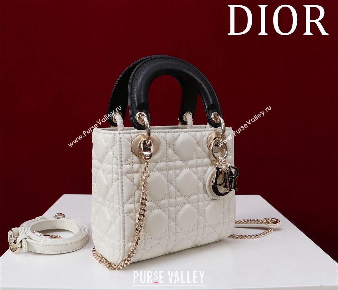 Dior Mini Lady Dior Bag in Two-Tone Cannage Lambskin White/Black 2024 M0505 (XXG-240923073)