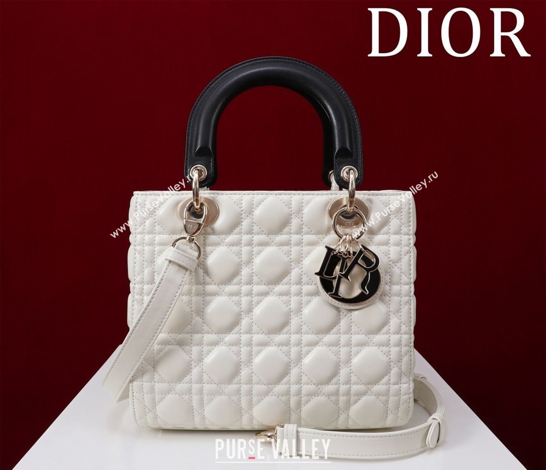 Dior Medium Lady Bag in Two-Tone Cannage Lambskin White/Black 2024 M0565 (XXG-240923081)