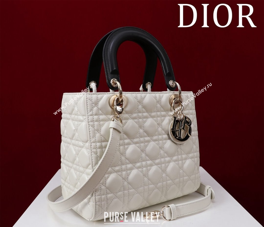 Dior Medium Lady Bag in Two-Tone Cannage Lambskin White/Black 2024 M0565 (XXG-240923081)