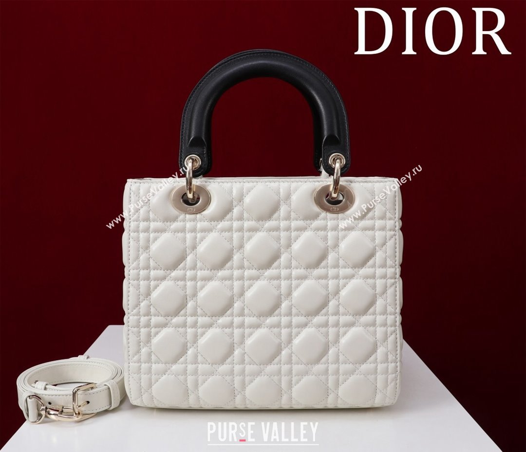 Dior Medium Lady Bag in Two-Tone Cannage Lambskin White/Black 2024 M0565 (XXG-240923081)