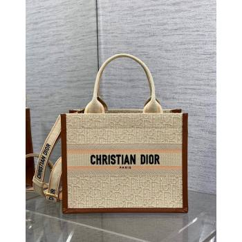 Dior Small Dior Book Tote Bag in Beige Dior Oblique Embroidered Raffia Straw and Camel Brown Calfskin 2024 (XXG-240923106)