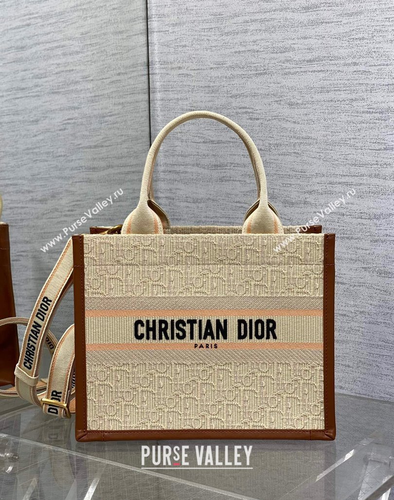 Dior Small Dior Book Tote Bag in Beige Dior Oblique Embroidered Raffia Straw and Camel Brown Calfskin 2024 (XXG-240923106)