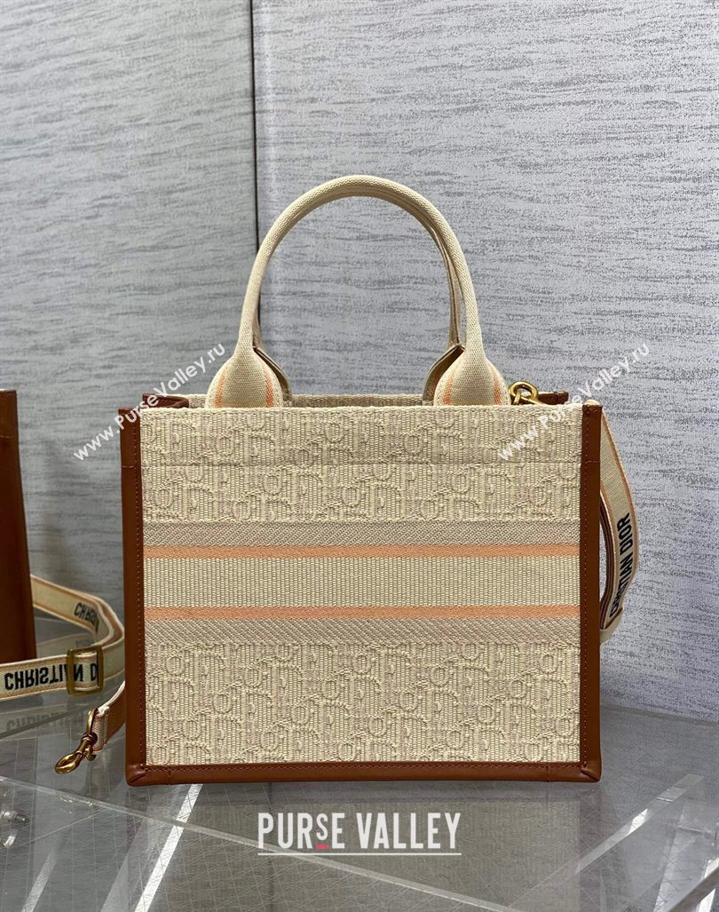 Dior Small Dior Book Tote Bag in Beige Dior Oblique Embroidered Raffia Straw and Camel Brown Calfskin 2024 (XXG-240923106)