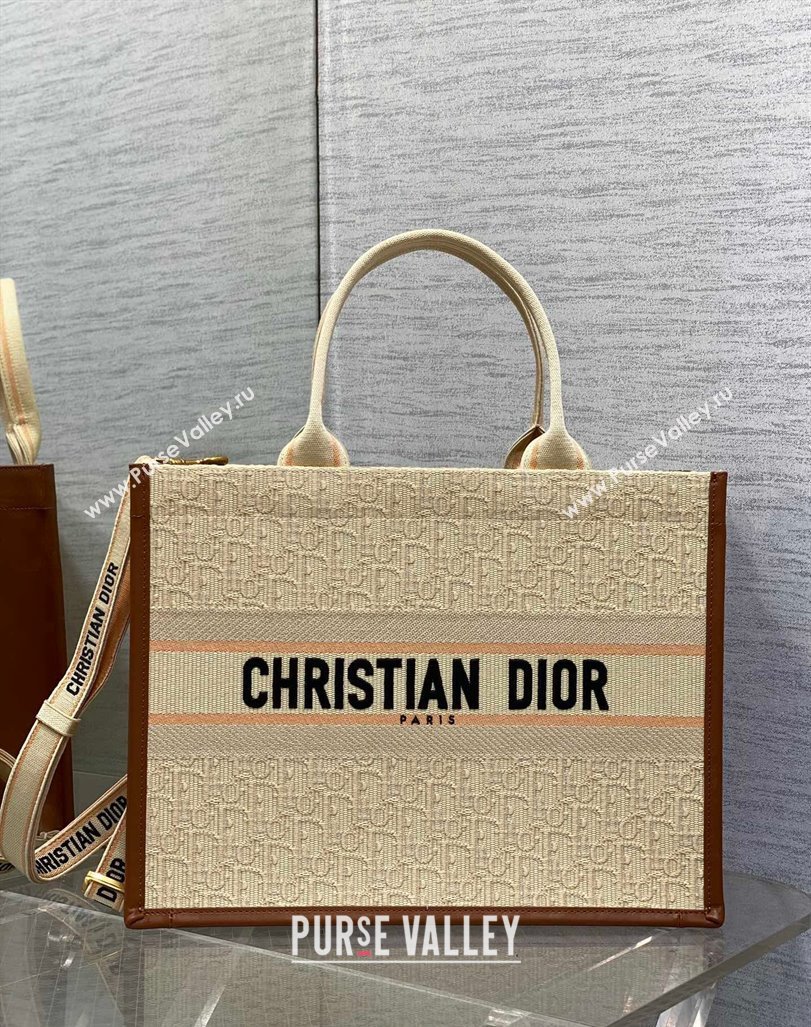 Dior Medium Dior Book Tote Bag in Beige Dior Oblique Embroidered Raffia Straw and Camel Brown Calfskin 2024 (XXG-240923105)