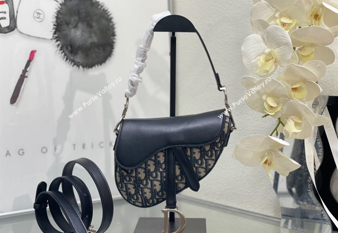 Dior Mini Saddle Bag with Strap in Blue Oblique Jacquard and Smooth Calfskin 2024 DR5528 (BF-240923102)