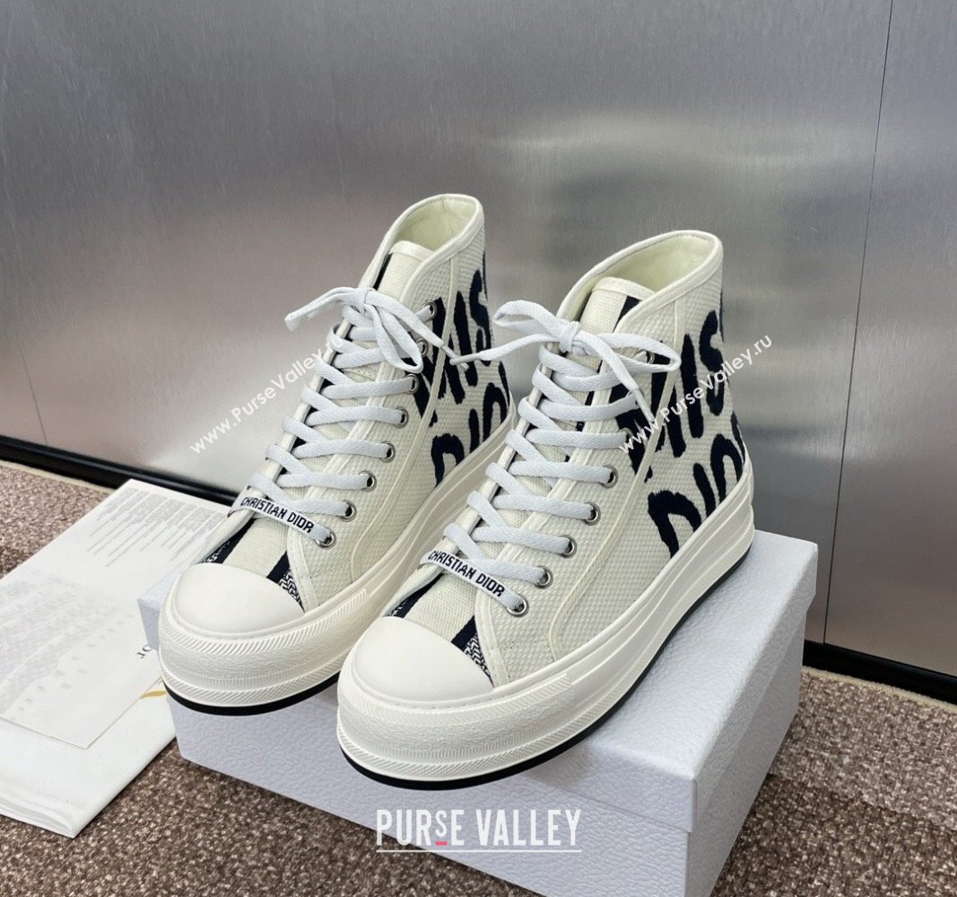 Dior Miss Dior WalknDior High-Top Platform Sneakers in White and Black Embroidered Cotton 2024 (SS-240930052)