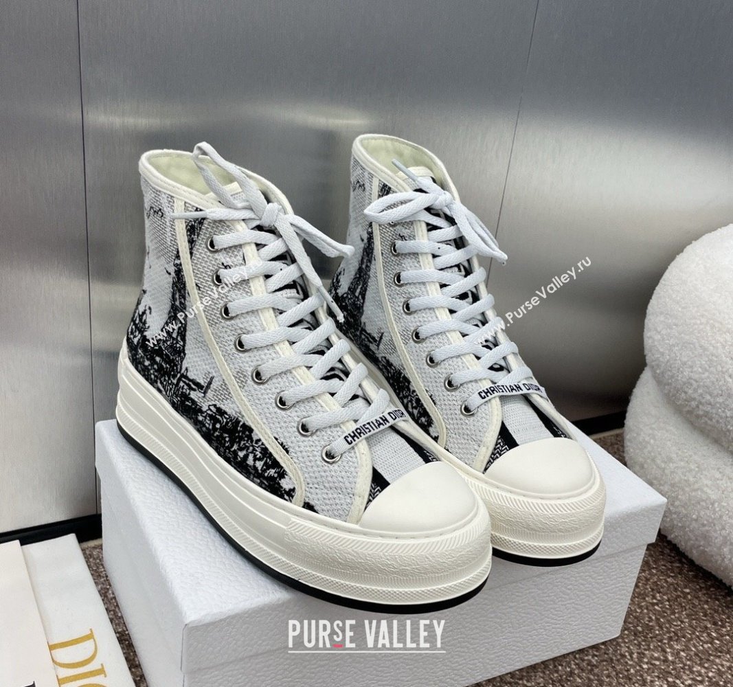 Dior WalknDior High-Top Platform Sneakers in Cotton Embroidered with White and Black New York Motif 2024 (SS-240930053)