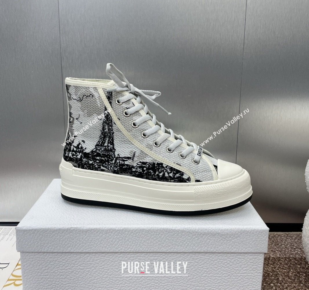 Dior WalknDior High-Top Platform Sneakers in Cotton Embroidered with White and Black New York Motif 2024 (SS-240930053)