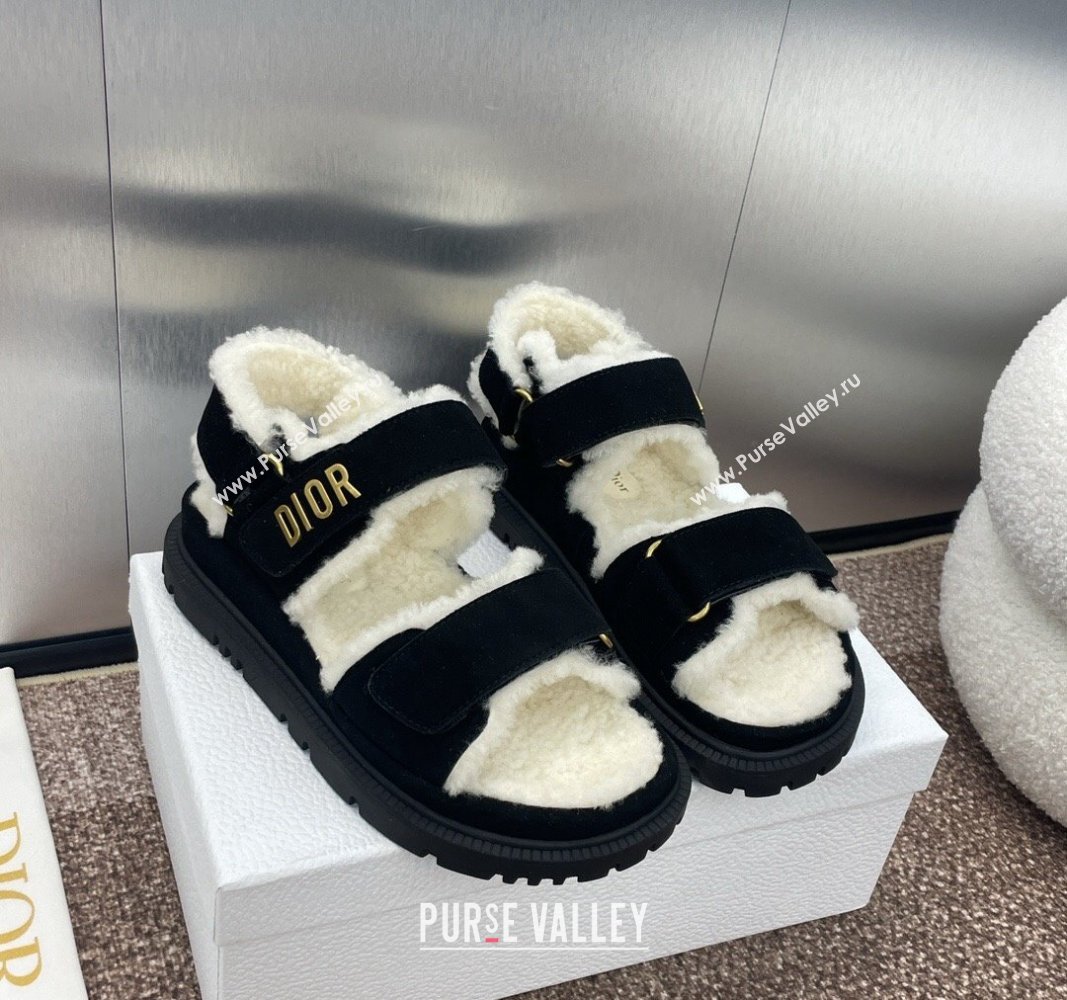 Dior Dioract Strap Flat Sandals in Suede and Shearling Black 2024 0930 (JC-240930017)