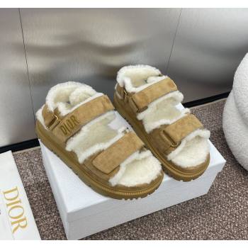 Dior Dioract Strap Flat Sandals in Suede and Shearling Light Brown 2024 0930 (JC-240930018)