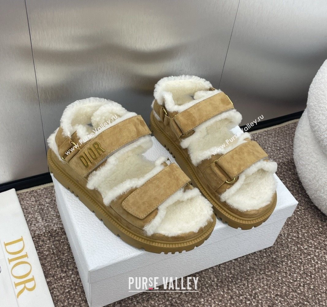 Dior Dioract Strap Flat Sandals in Suede and Shearling Light Brown 2024 0930 (JC-240930018)