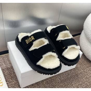 Dior Dioract Strap Flat Slides Sandal in Suede and Shearling Black 2024 0930 (JC-240930019)