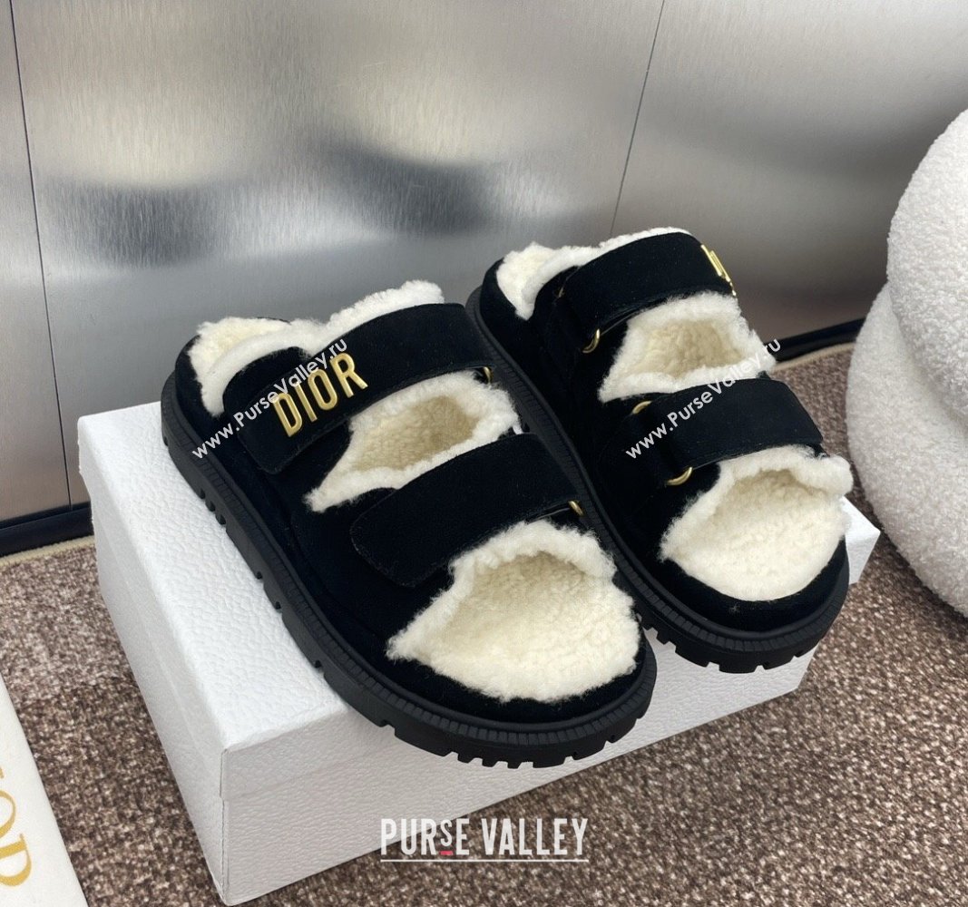 Dior Dioract Strap Flat Slides Sandal in Suede and Shearling Black 2024 0930 (JC-240930019)