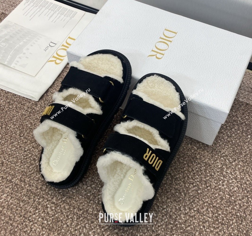 Dior Dioract Strap Flat Slides Sandal in Suede and Shearling Black 2024 0930 (JC-240930019)