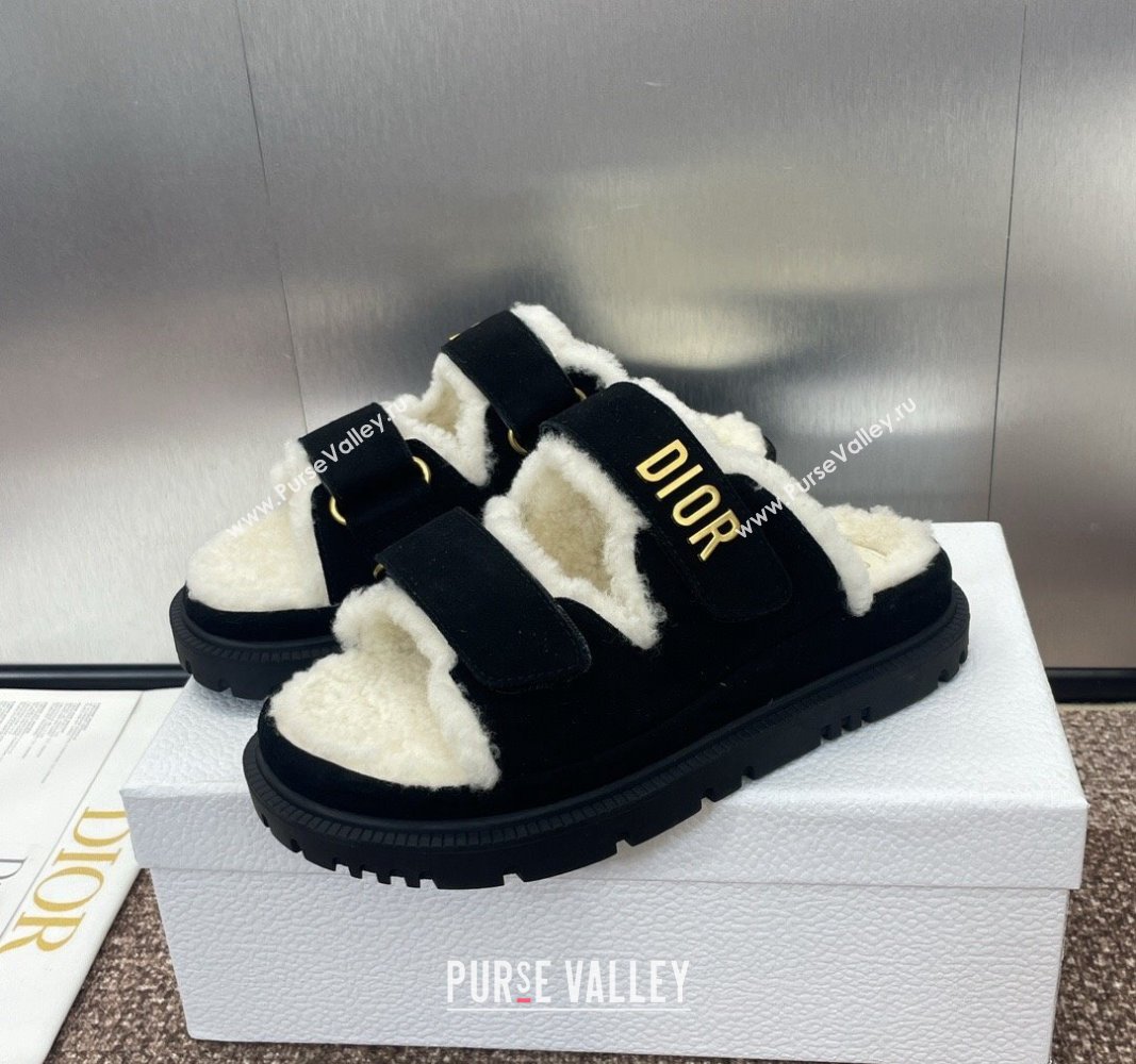 Dior Dioract Strap Flat Slides Sandal in Suede and Shearling Black 2024 0930 (JC-240930019)