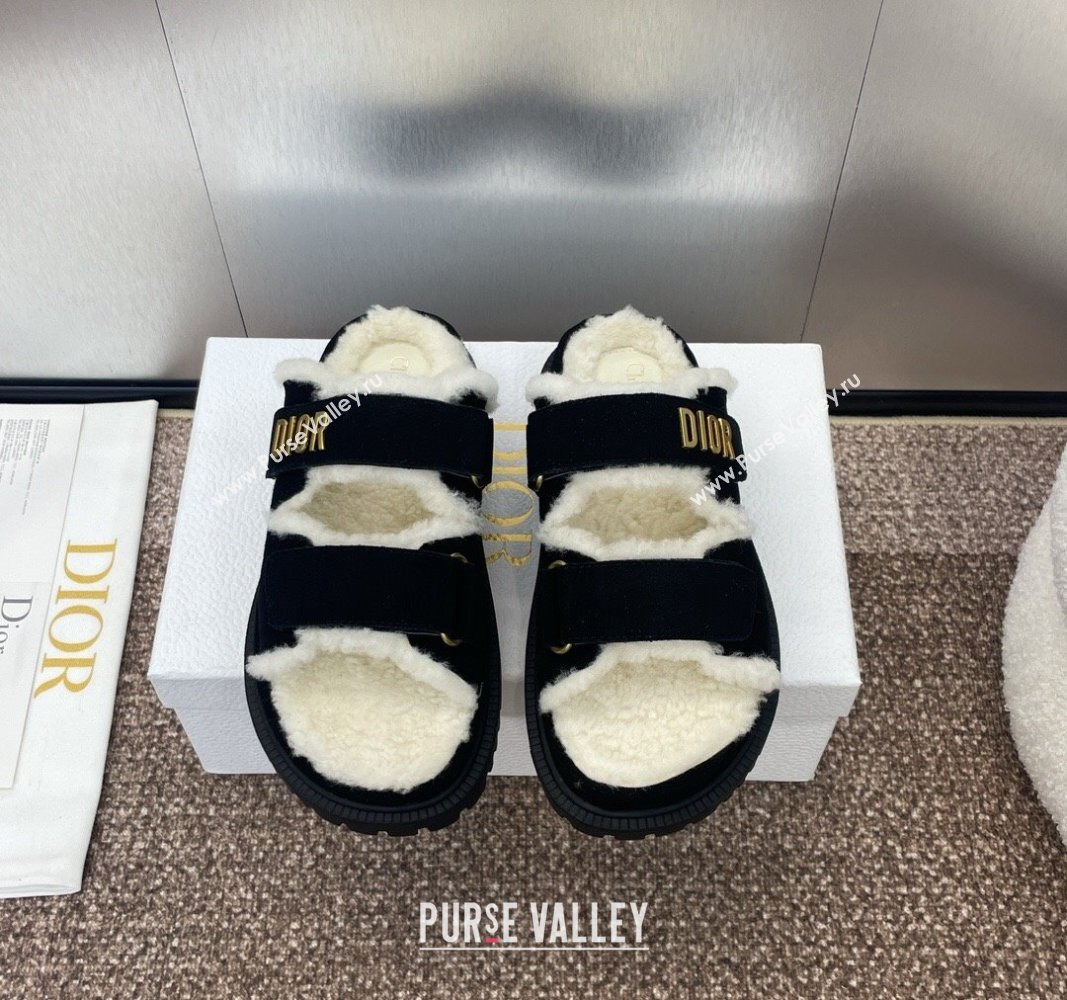 Dior Dioract Strap Flat Slides Sandal in Suede and Shearling Black 2024 0930 (JC-240930019)