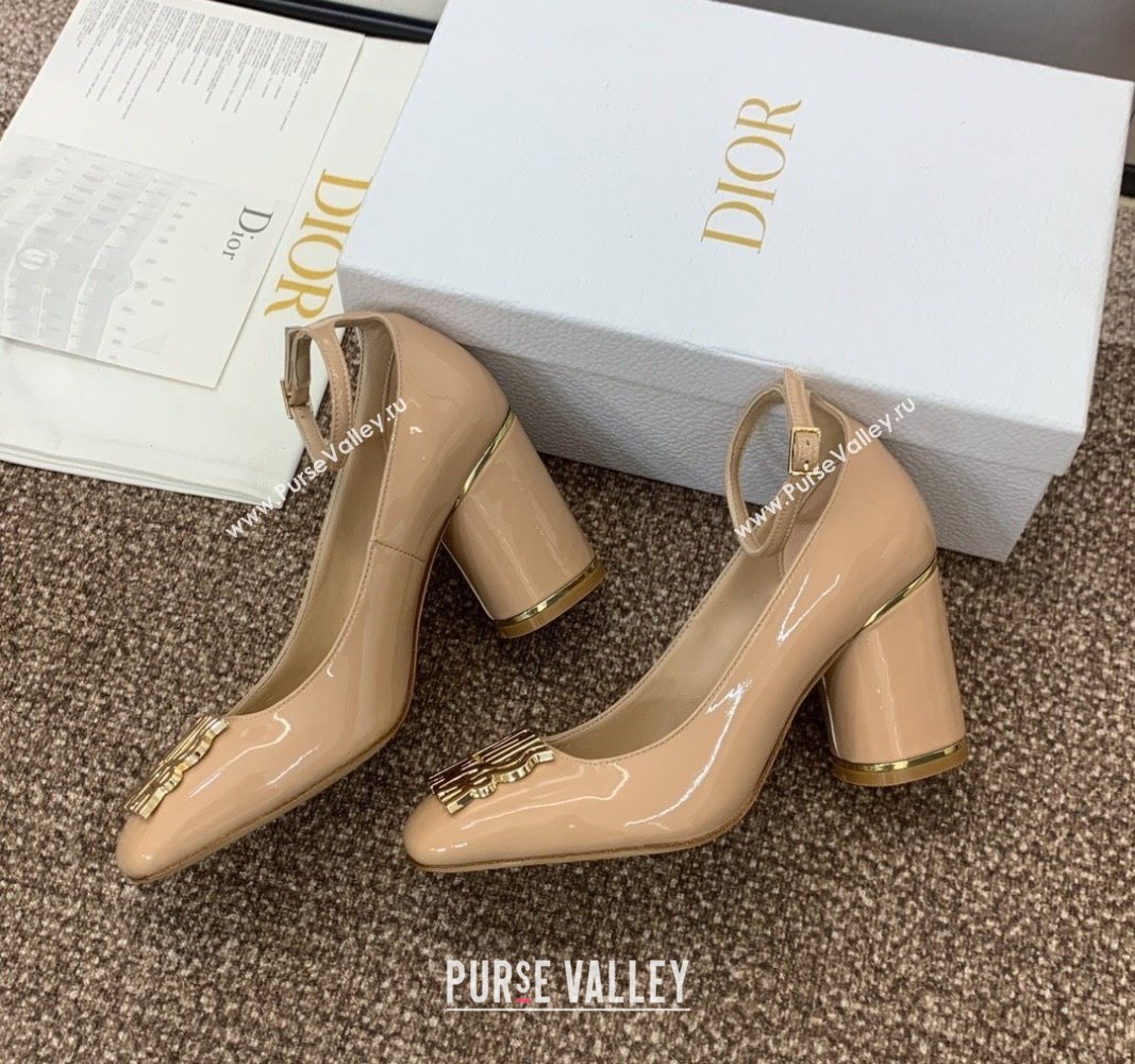 Dior Miss Dior Pump 8.5cm with Ankle Strap in Patent Calfskin Beige 2024 (JC-240930008)