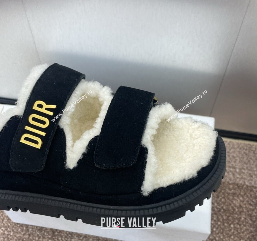 Dior Dioract Strap Flat Slides Sandal in Suede and Shearling Black 2024 0930 (JC-240930019)