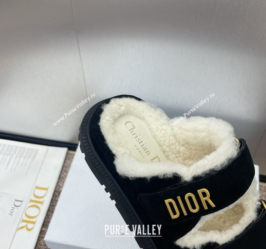 Dior Dioract Strap Flat Slides Sandal in Suede and Shearling Black 2024 0930 (JC-240930019)