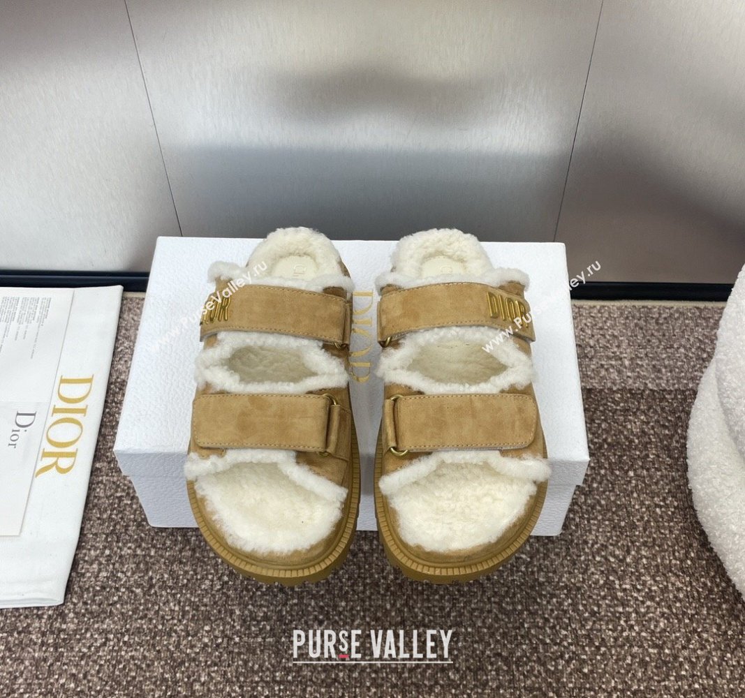 Dior Dioract Strap Flat Slides Sandal in Suede and Shearling Light Brown 2024 0930 (JC-240930020)