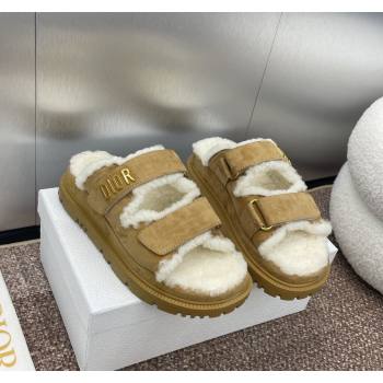 Dior Dioract Strap Flat Slides Sandal in Suede and Shearling Light Brown 2024 0930 (JC-240930020)