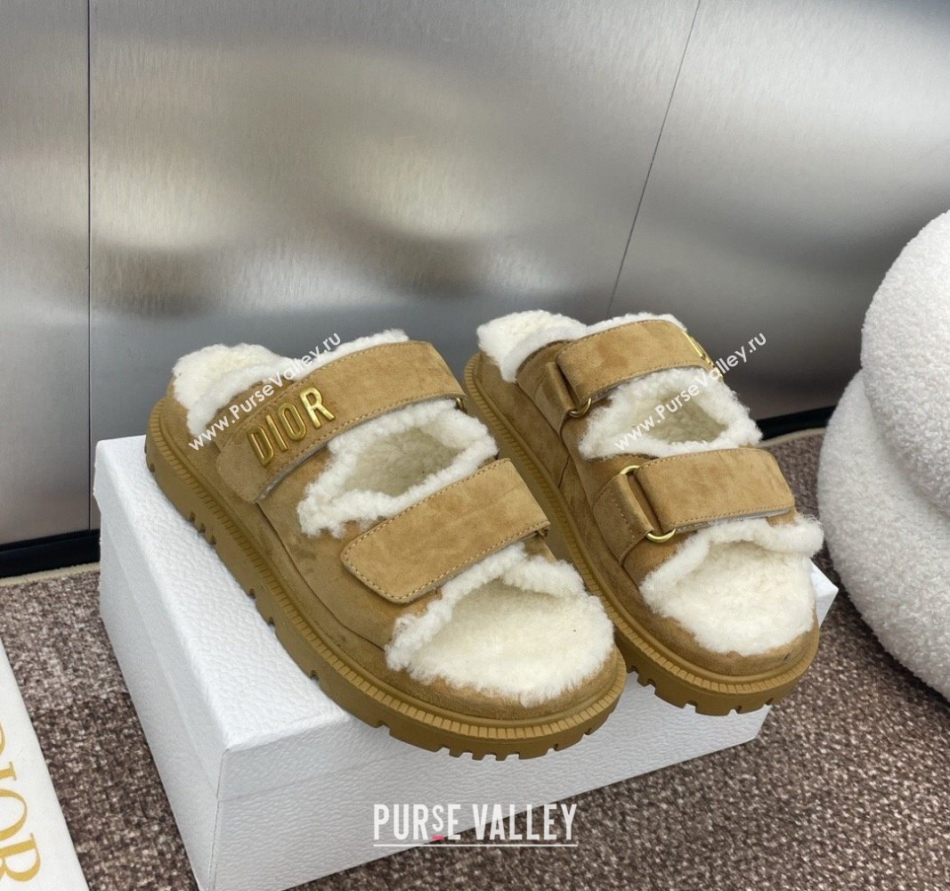 Dior Dioract Strap Flat Slides Sandal in Suede and Shearling Light Brown 2024 0930 (JC-240930020)