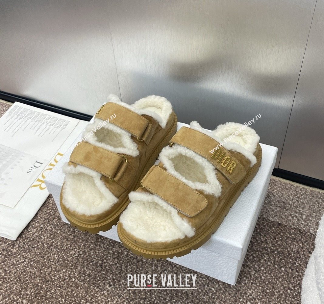 Dior Dioract Strap Flat Slides Sandal in Suede and Shearling Light Brown 2024 0930 (JC-240930020)