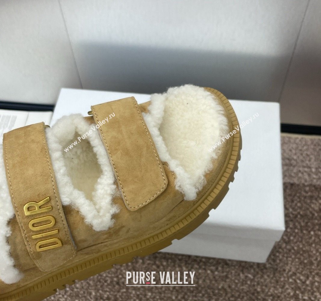 Dior Dioract Strap Flat Slides Sandal in Suede and Shearling Light Brown 2024 0930 (JC-240930020)