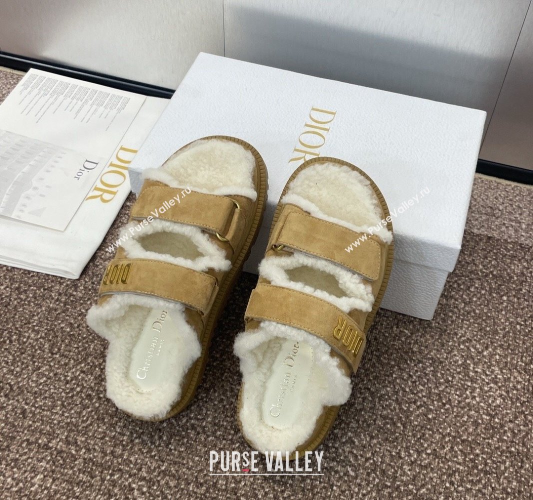 Dior Dioract Strap Flat Slides Sandal in Suede and Shearling Light Brown 2024 0930 (JC-240930020)