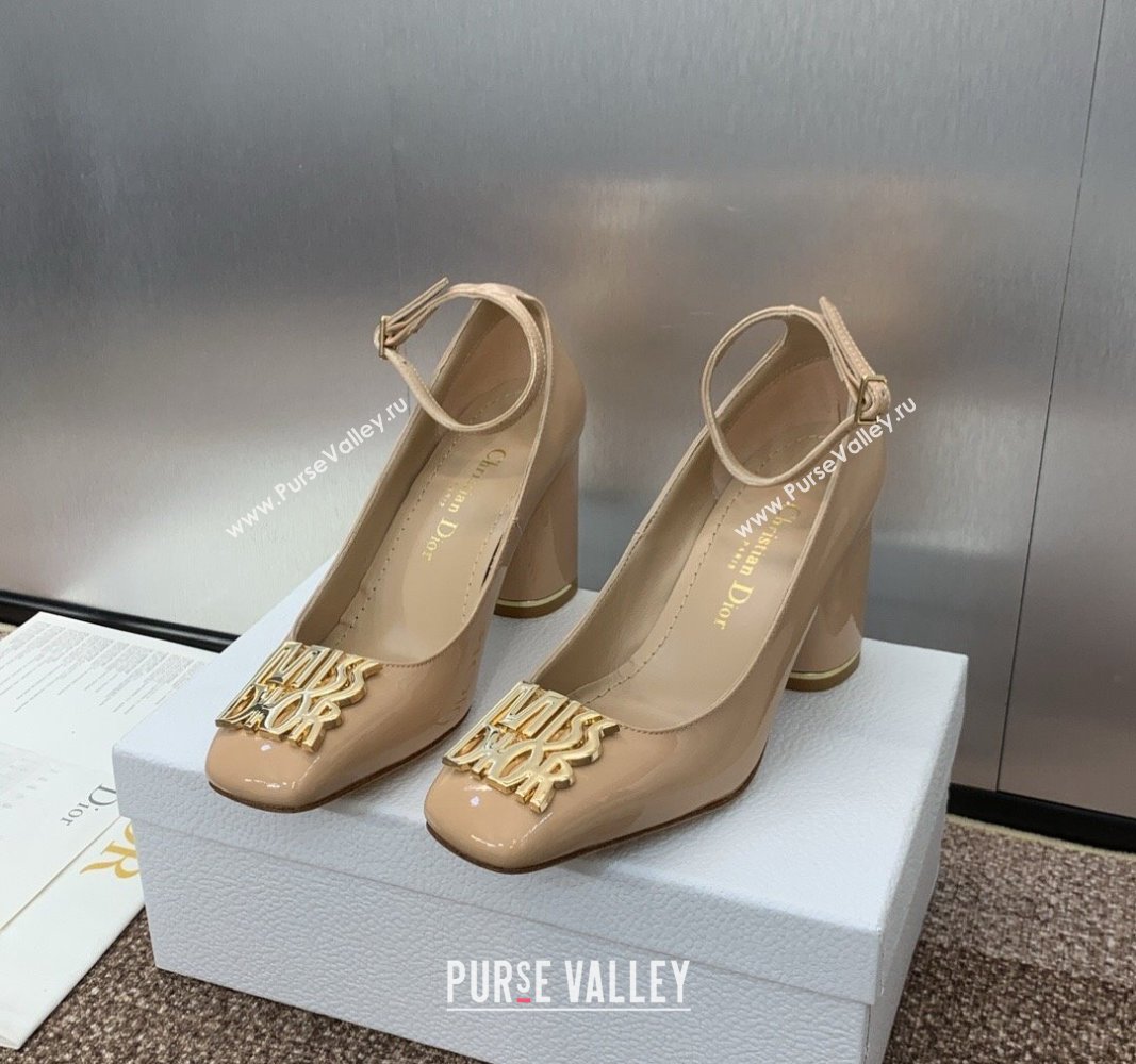 Dior Miss Dior Pump 8.5cm with Ankle Strap in Patent Calfskin Beige 2024 (JC-240930008)